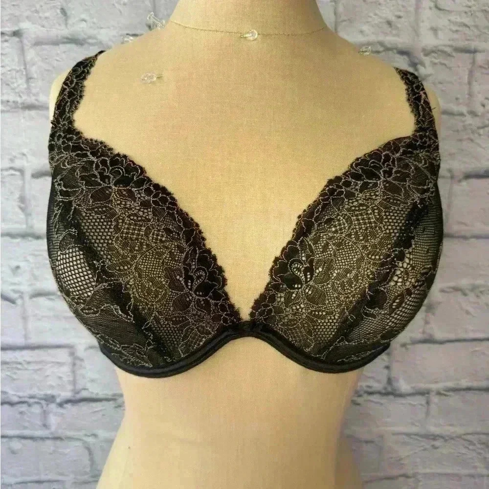 Cacique Black & Gold Lace Supportive Plunge Bra Women's 36DD